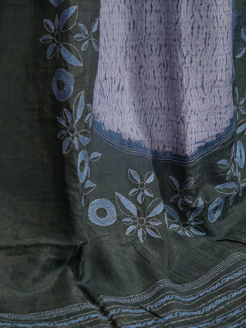 Mulberry Silk Shibori and Kantha Work Designer Saree