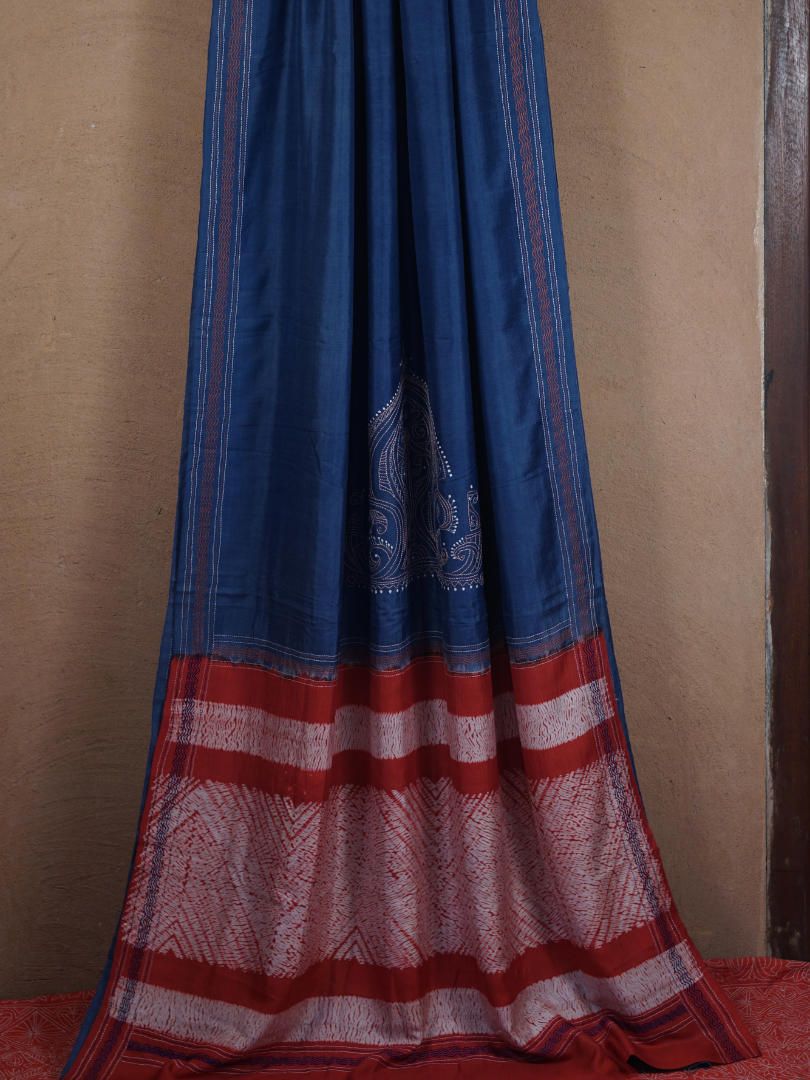 Mulberry Silk Shibori and Kantha Work Designer Saree