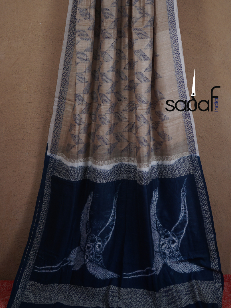 Tussar Silk Shibori and Kantha Work Designer Saree