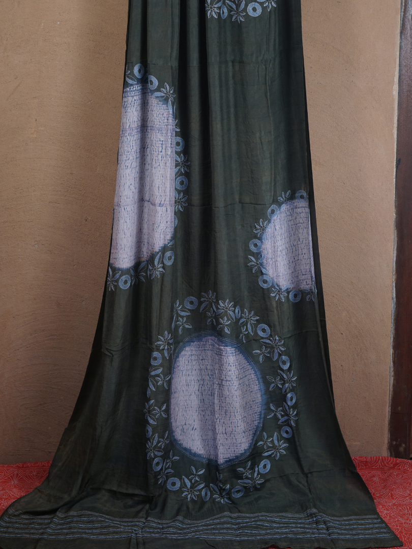 Mulberry Silk Shibori and Kantha Work Designer Saree